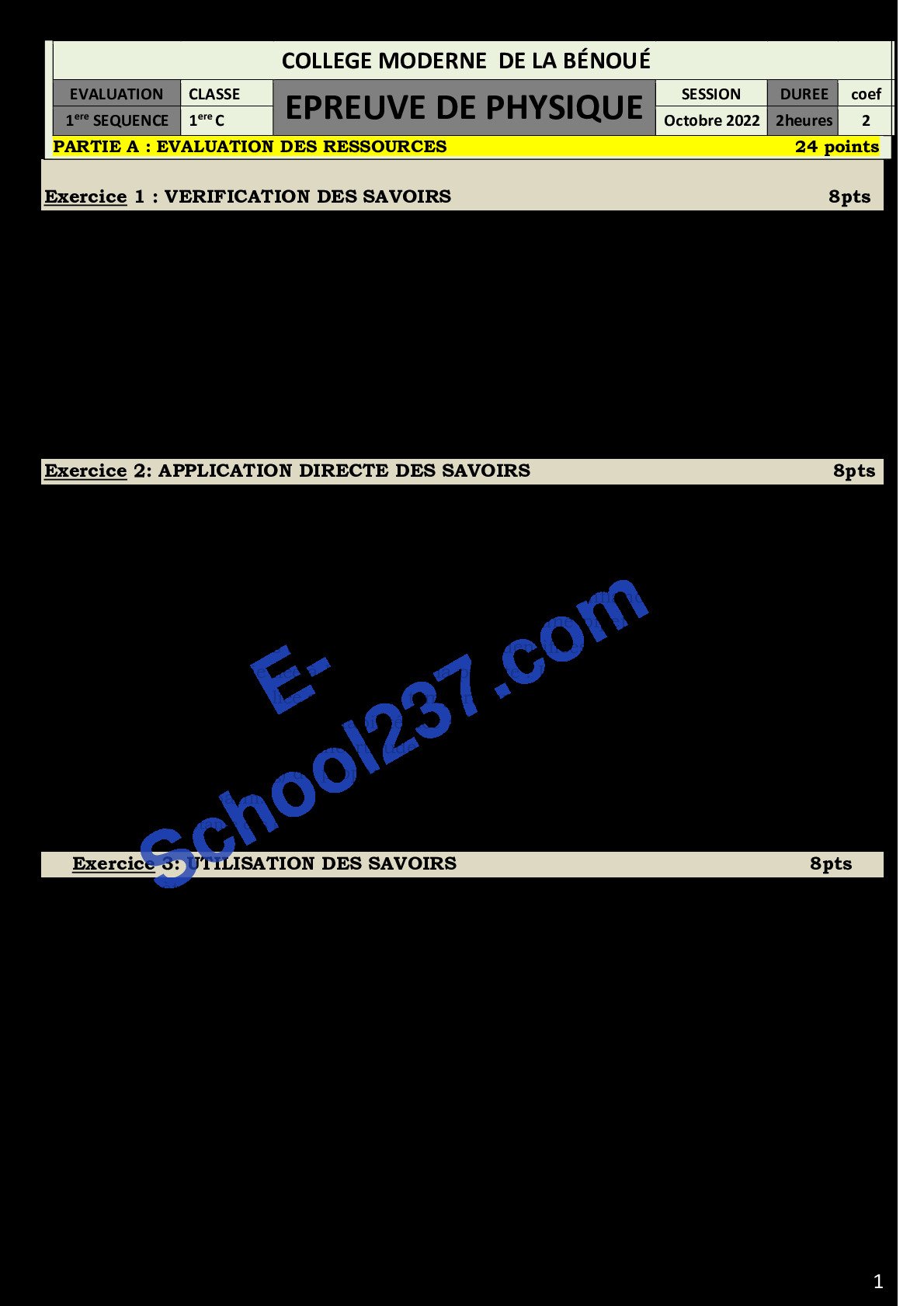 Éval 1 Physique PC 2022 COLLEGE MODERNE DE LA BÉNOUÉ